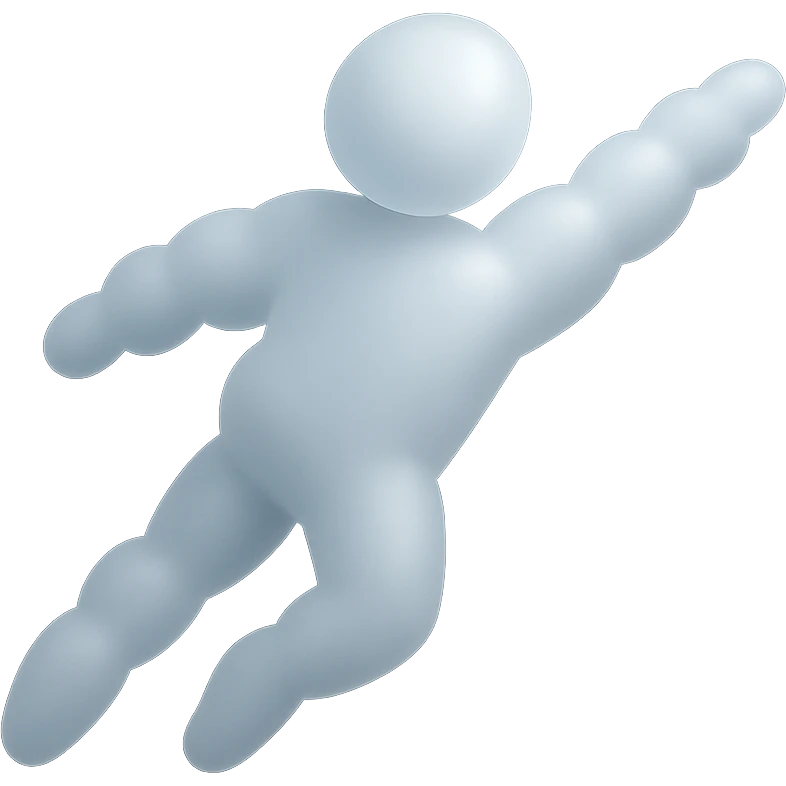 person in flight composed of small white fluffy clouds, matte glass style, minimalistic, no background emoji