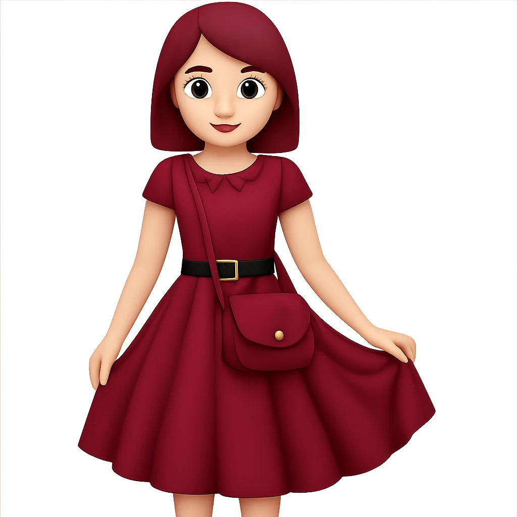Add a burgundy handbag to the girl wearing a burgundy dress in the style of emoji, keeping the emoji style look. emoji