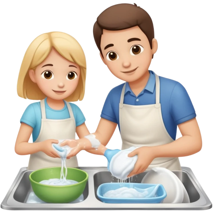 child and parent washing dishes together, friendly and caring emoji