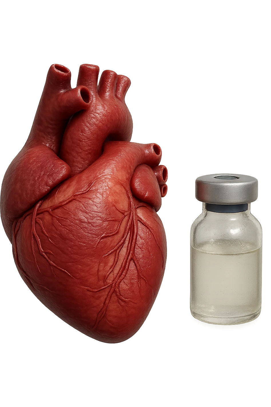 emoji stile iphone di cuore anatomico realistico in 3d che fluttua in aria insieme a una boccetta di fiala medica, FALLO MOLTO REALISTICO IN 3D emoji