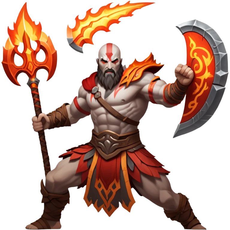 An icon showing a powerful warrior wielding a weapon, ready for battle, inspired by God of War: Ragnarok. The design captures the strength and determination of the character, with dynamic motion lines and a fiery, epic background. Transparent background highlights the action emoji