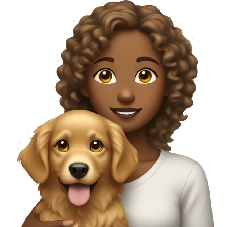Tan skinned girl with  curly hair with a golden retriever puppy emoji