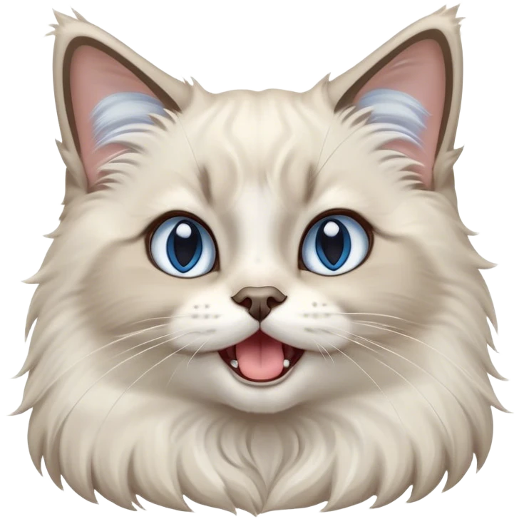 Cinematic Adorable Fluffy Light Grey Mantle Ragdoll Cat Portrait Emoji, Head tilted cutely with big, sparkling blue eyes, soft light grey fur with darker points on the ears, face, and paws, Simplified yet irresistibly adorable features, highly detailed, glowing with a soft, warm glow, high shine, yawning in a peaceful and playful manner, stylized with a touch of whimsy, bright and endearing, soft glowing outline, capturing the essence of a relaxed and loving kitten, so cute it feels like it could leap out of the screen and stretch into a cozy nap! emoji