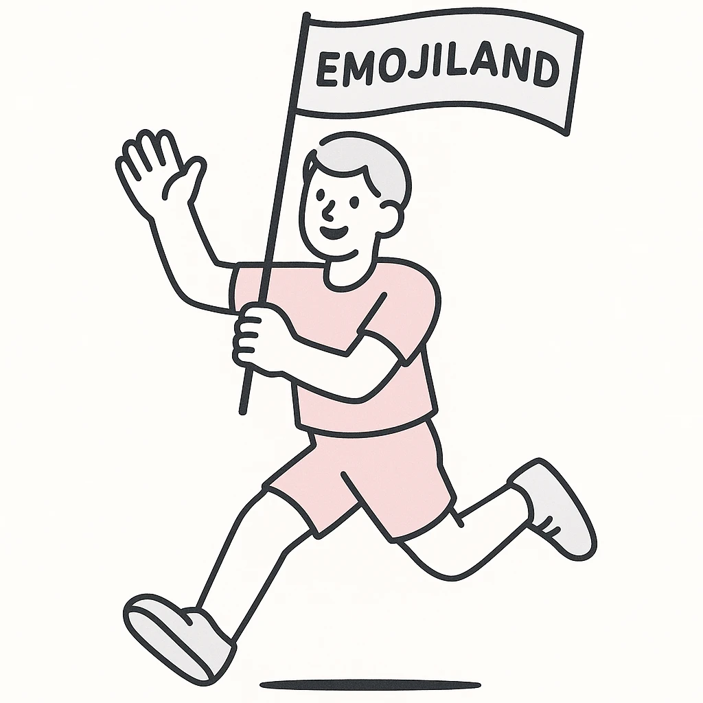 happy runner waving a flag that says 'emojiland' emoji