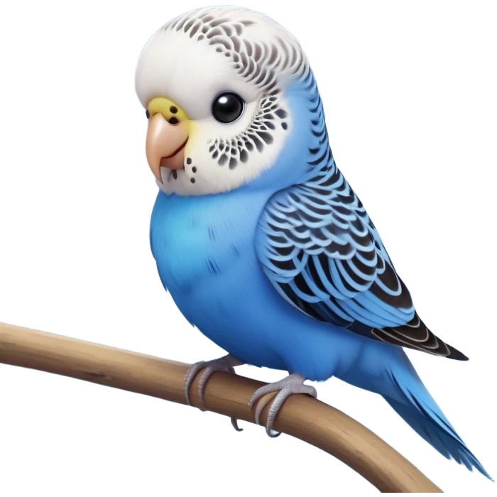 cinematic-cute-blue-budgie-portrait-emoji,-head-tilted-playfully-and-inquisitively,-featuring-a-brilliant-blue-feathered-fur-and white and black face-with-a-natural-sheen,-round,-sparkling-dark-eyes-filled-with-curiosity,-simplified-yet-irresistibly-adorable emoji