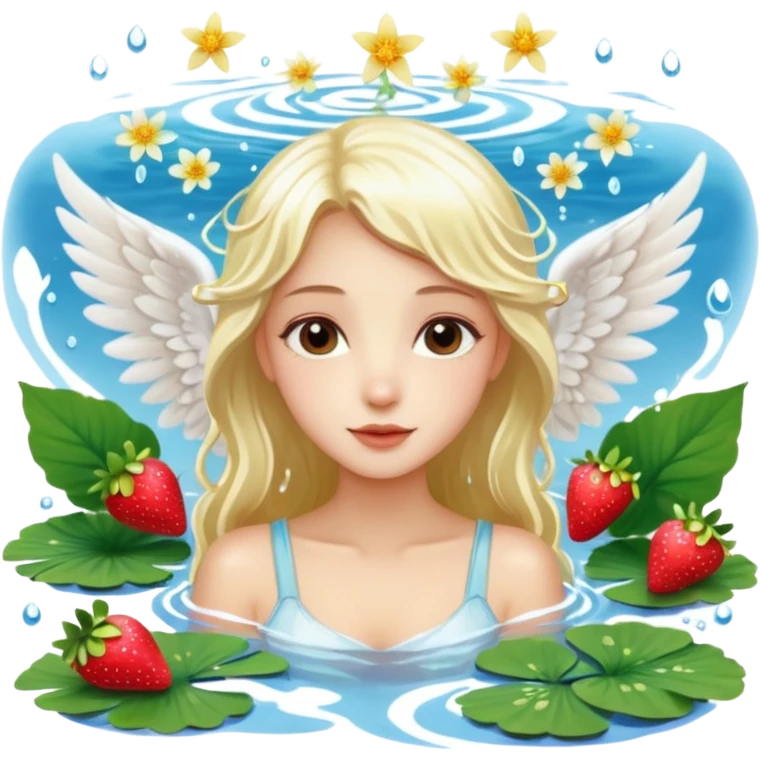 a beautiful angel like girl mix with  watel lili and  Strawberries  being born with an nenuphar on her light hair on stars  emoji
