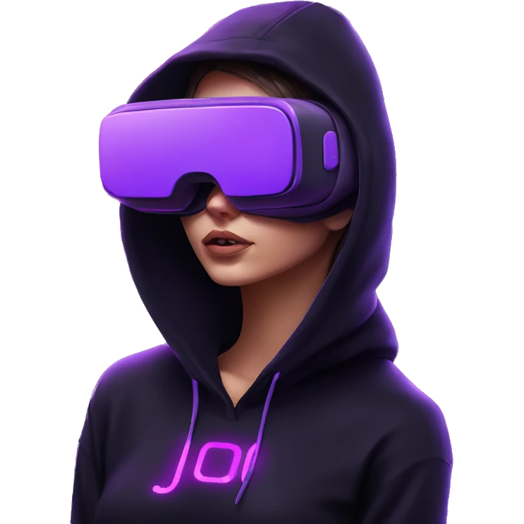 Russian girl wearing black hoody with violet letters "OMG", in vr headset. Cyberpunk style. Violet neon. emoji