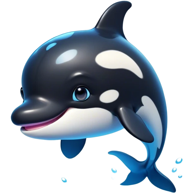 Cinematic Cute orca Portrait Emoji, Head tilted playfully and inquisitively, featuring a smoothly rounded body with bright, sparkling eyes and an adorable, friendly smile, Simplified yet irresistibly adorable features, highly detailed, glowing with a warm, ocean-blue glow, high shine, affectionate and lively, stylized with a touch of whimsical aquatic charm, soft glowing outline, capturing the essence of a mischievous yet endearing orca that seems as if it could leap right into your heart! emoji