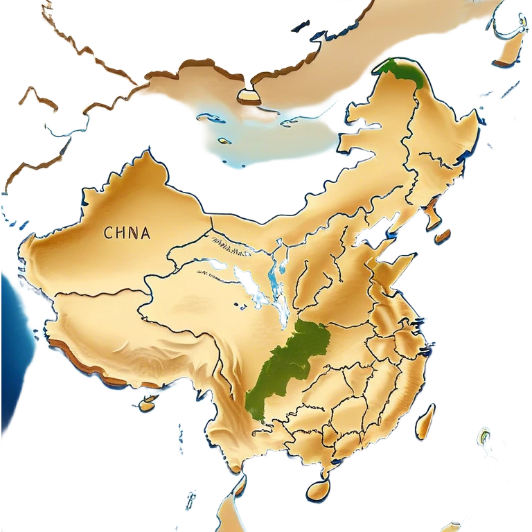 Cinematic-realistic outline of china, featuring its distinct landmass with accurately defined coastlines. The deep blue ocean surrounds the golden-brown continent, with subtle topographic shading to highlight its terrain. A soft glowing effect enhances the edges, making the shape stand out against a neutral, textured background. emoji