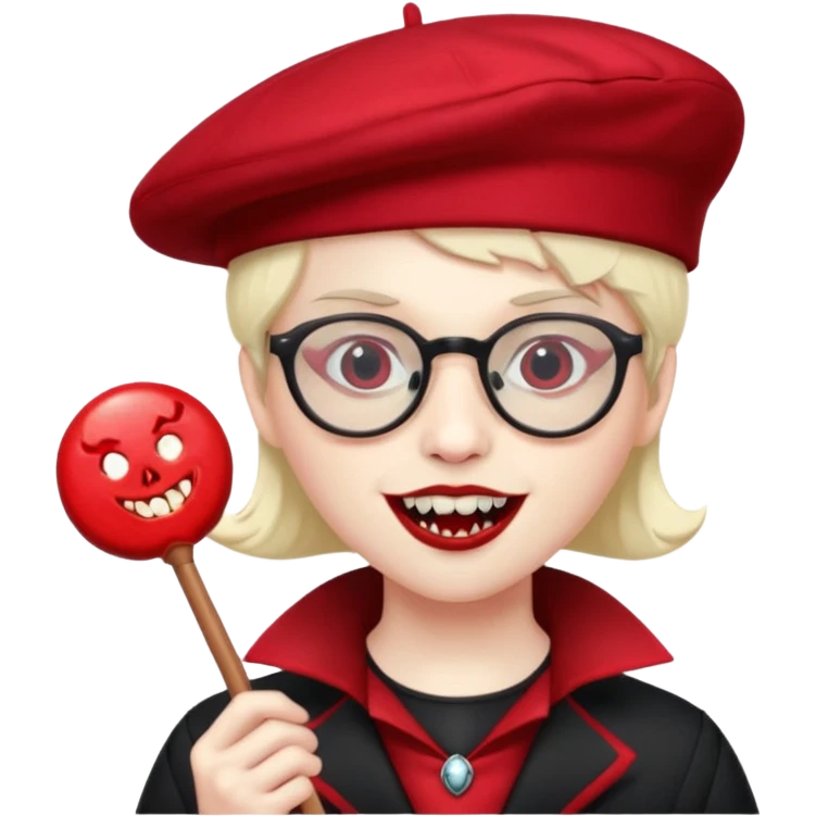 Vampire with lollipop, beret and glasses, teeth looks like vampire emoji