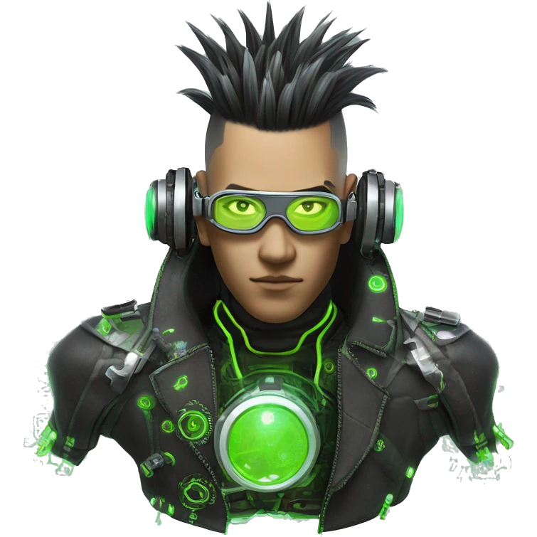 Mohawk hair with neon green highlights Asian male cyborg head with neon silver steampunk goggles and circuits emoji