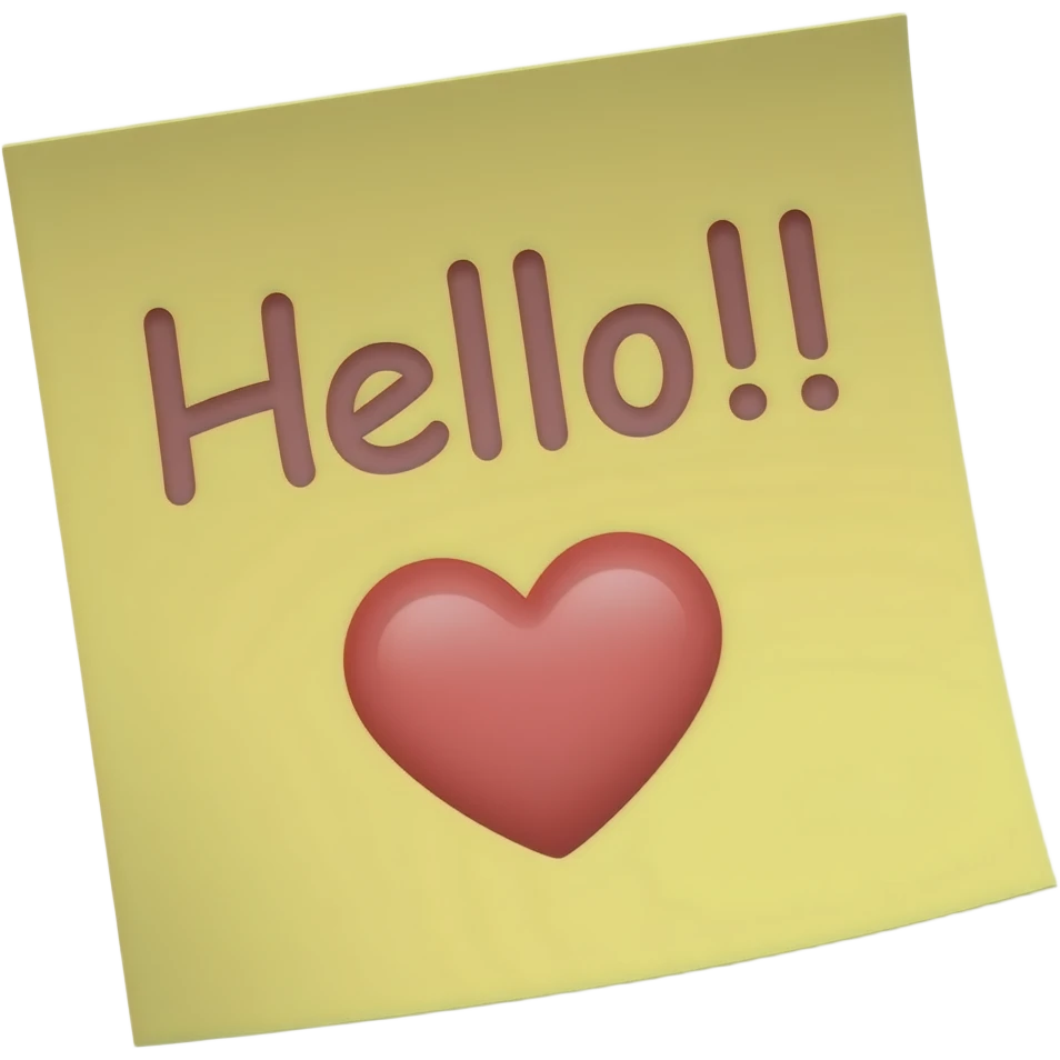 Sticky note that says "Hello!!" with a heart emoji