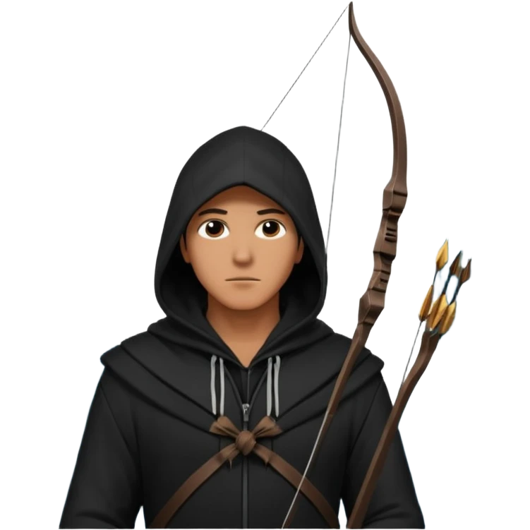 hooded man in a tall buliding a silloute shot, bow and arrows in hand. in the sky a big eagle is flying in modern time emoji