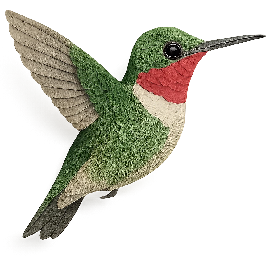 close-up of a ruby-throated hummingbird, fine paper edges, shimmering green feathers, ruby red throat, naturalistic details emoji