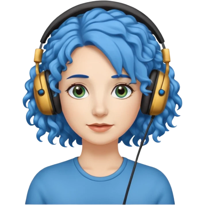 blue haired earringed heaphone wearing middle aged woman very very curly long haired and hazel small eyes emoji