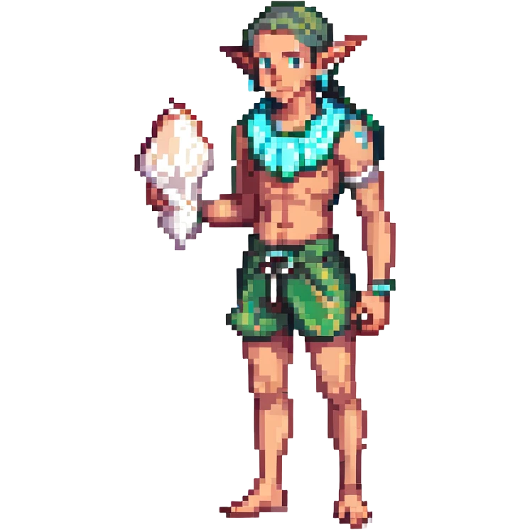 male elf in silver-trimmed swim shorts, holding glowing conch shell. Pointed ears, barefoot. Tropical vibe emoji