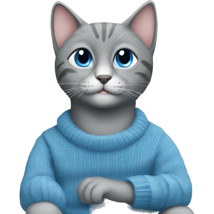 sitting grey cat blue eyes blue sweater  emoji