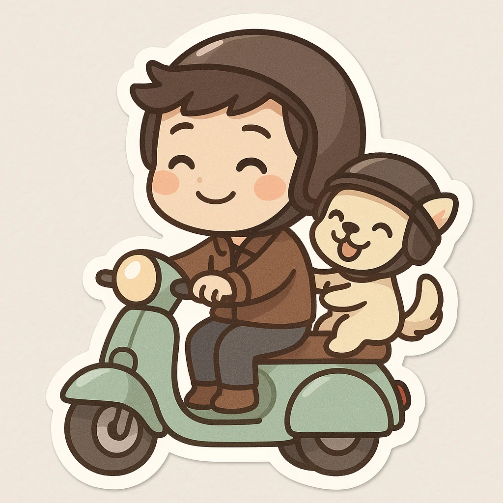 man and his pet dog riding a vespa emoji