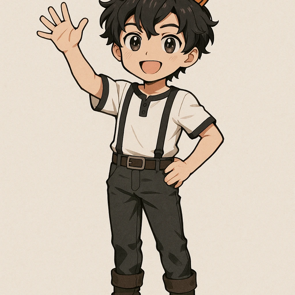 young anime boy with dark wavy hair, wearing a simple golden crown, white shirt with black trims and black suspenders, dark pants with belt and boots, standing confidently with one arm raised saying hello emoji