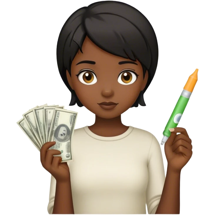 a young girl with dark skin and short black hair holding money and a glue stick in her hands emoji