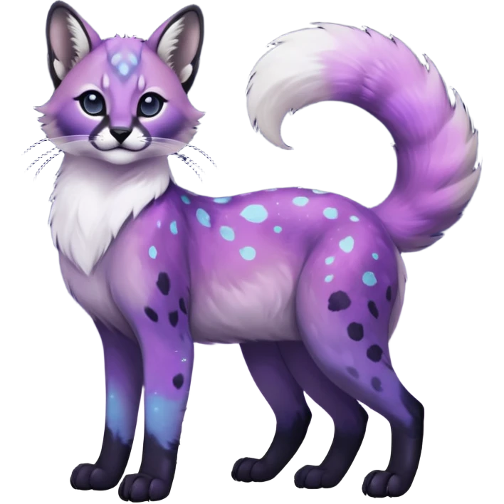 Colorful black-violet-indigo-purple-gradients nebulae nebula starry galactical shiny white-stars-spotted glorious iridescent divine exotic cute cool beautiful realistic caracal-civet-sergal-vernid-Cacomistle-Trico-oncilla-animal-Fakémon-hybrid-fursona (full body) emoji