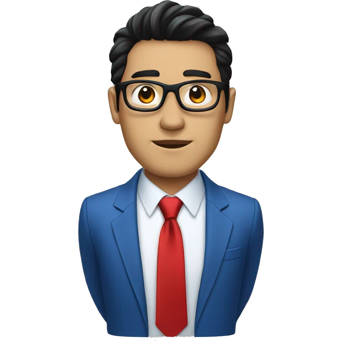 man in blue suit and red tie, black eyes with metallic glasses, black hair emoji