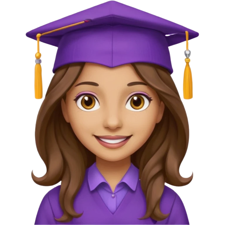 beautiful  woman light olive skin with wavy long long brown hair and hazel eyes with purple school hat emoji