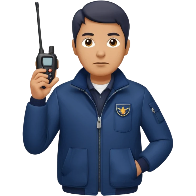 Security, Middle-aged, wearing navy blue jacket, serious facial expression, holding walkie-talkie, full body emoji