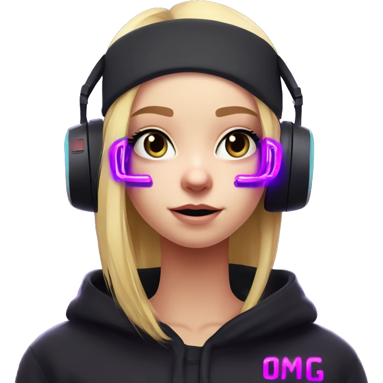 Russian cute blond student girl wearing black hoody with violet letters "OMG", in vr headset. No eyes. Cyberpunk style. Violet neon. emoji