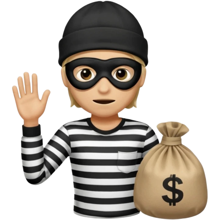 running robber wears black eye mask, black beanies and black and white stibes shirt with one brown money bag beside him emoji