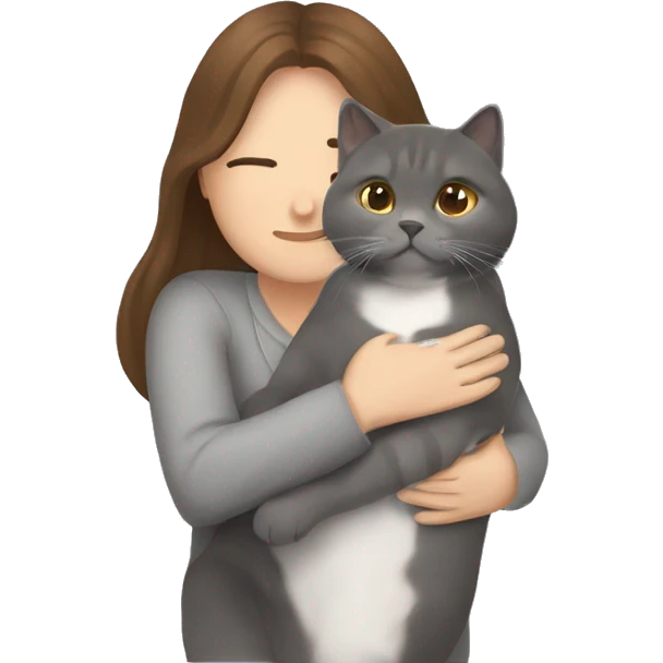small British shorthair grey cat hugging long brown hair white woman emoji