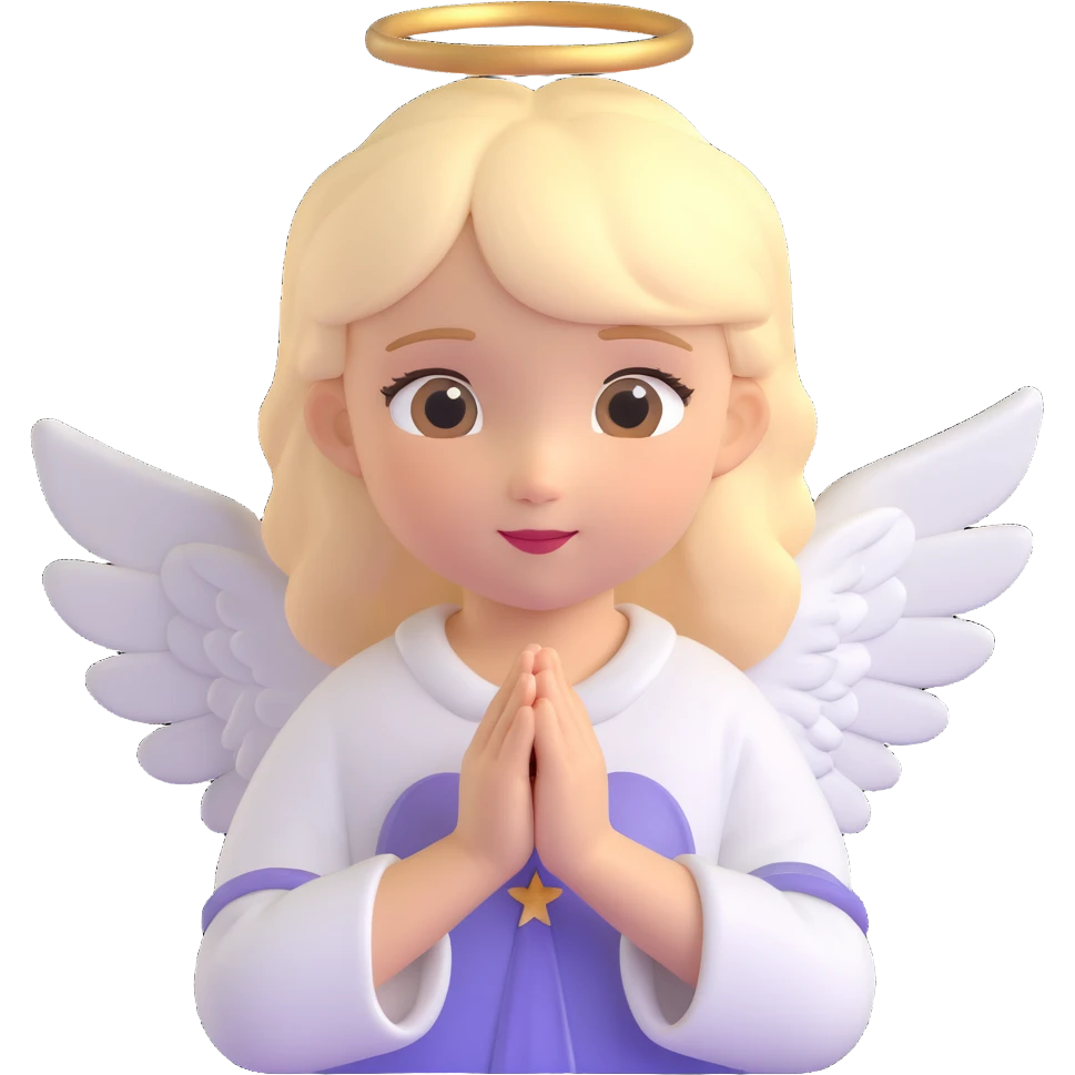 a childlike blond angel, small wings, hands together in a blessing pose, soft glow, innocent look emoji