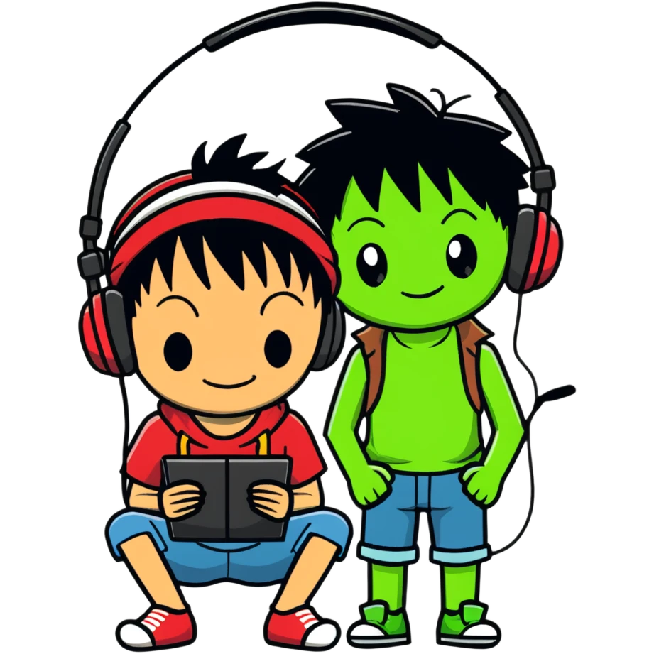Green Luffy and green Alastor wearing headphones listening to music together emoji
