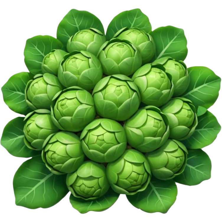 brussels sprouts cluster, 2 or 3 whole, round, compact, layered green leaves, bright to dark green color, natural leaf texture, clean 3D look, soft lighting, no faces, transparent background, emoji scale emoji