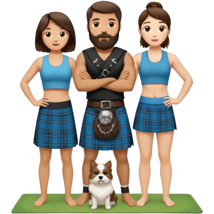 emoji of brunette man with beard wearing kilt, brunette woman in yoga outfit and one white fluffy dog emoji