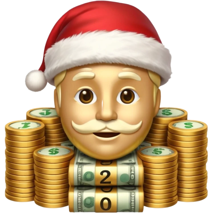 A confident rich emoji face wearing a Santa hat, money stacks, casino vibe, New Year theme, premium 3D emoji style, sharp details, no text, isolated on transparent background emoji