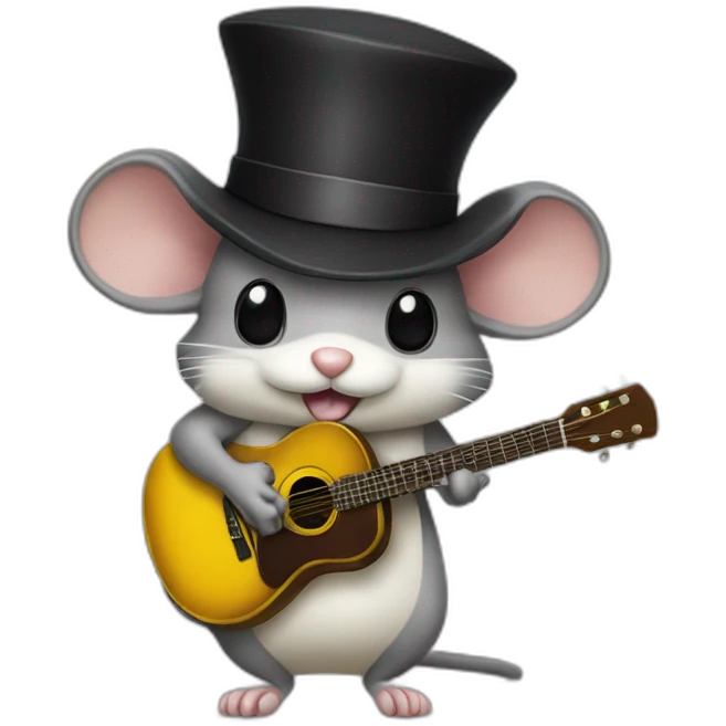 old grey jerry mouse with white moustache, big black hat, and yellow guitar emoji