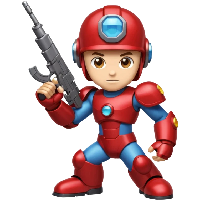 mega man but with the color rootbeer brown shiny like metal with arms for guns and a dark shiney red healmet emoji