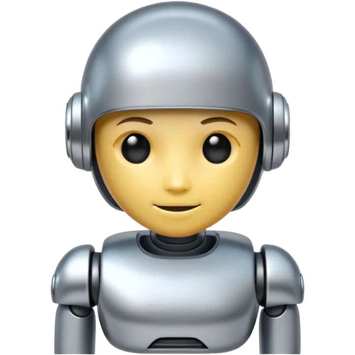 A cute futuristic robot emoji made of silver chrome, rounded friendly body, minimal facial features, glossy metallic surface, soft reflections, iOS emoji style, centered, clean white background emoji