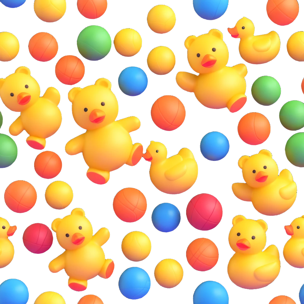Colorful toys scattered together - teddy bear, rubber duck, toy blocks, ball, and action figures emoji