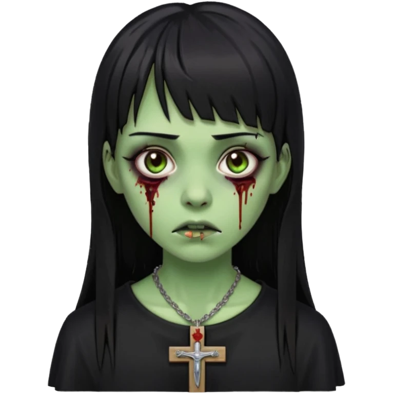 Zumbi verde com olhos castanhos aspecto de que tá sangrando, uma franja reta com cabelo preto um piercing do lado esquerdo do nariz, roupa preta e crucifixo como colar, e também delineador emoji