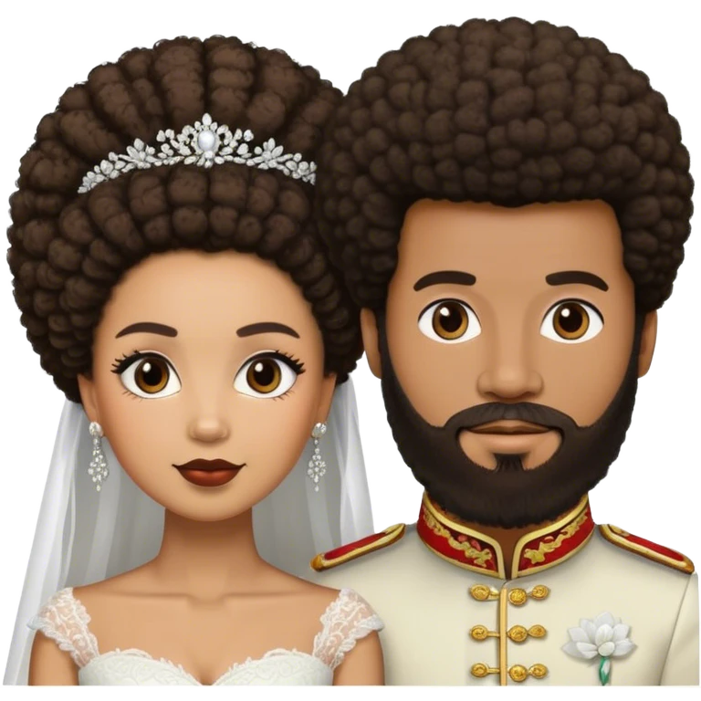 Black bride and her lightskin husband with beard and Afro emoji