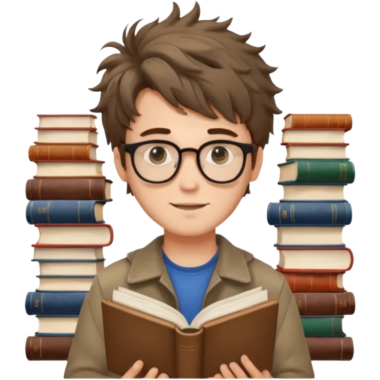 generate an ios genmoji of a fair 20 year guy with faint beard, spectacles, messy hair, books in hand emoji