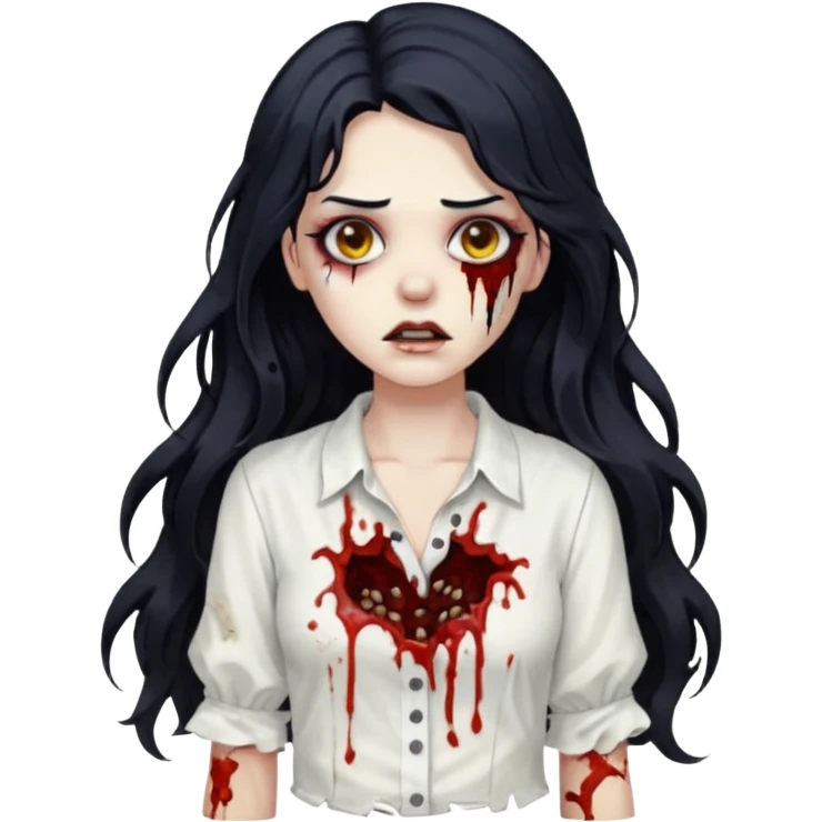 garota zumbi com cabelo preto ondulado longo blusa branca emoji