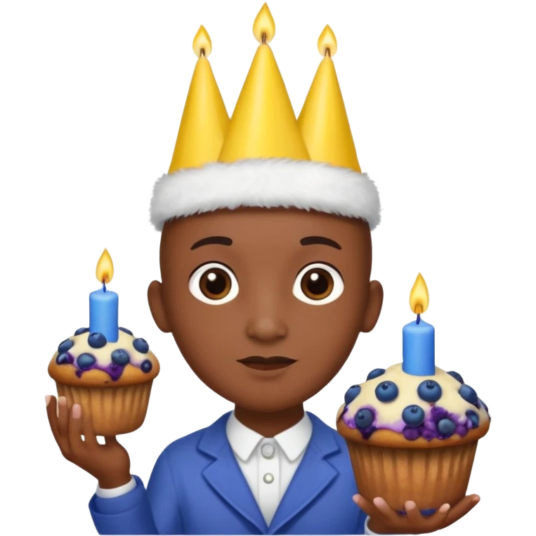 Blueberry Muffin celebrating birthday. Make sure it actually looks like a muffin with candles. Somebody holding it with party hat and bald emoji