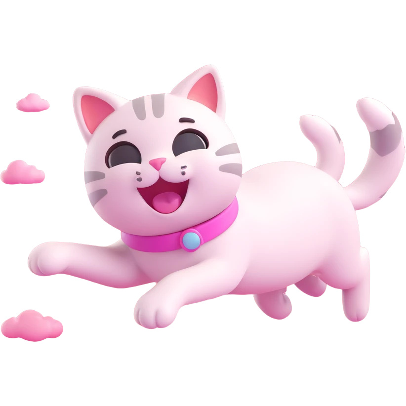 playful cat gliding among pink clouds, 3D emoji style emoji