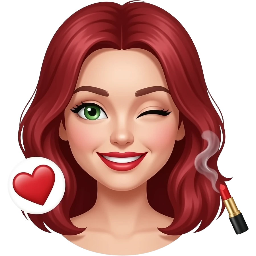Ruby red  haired girl. With smoke. Green eyes. Smiley and flirty. No bangs. Red lips. Heart emoji. Lip emoji. Winking emoji