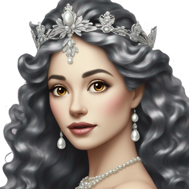 Regal pretty woman photograph defined cheekbones high cheekbones crown vintage with very long iridescent black and silver hair wavy long hair pearl crown iridescent emoji