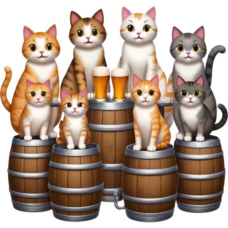 seven distinct cats standing around a beer keg, each cat drinking, all with goofy playful expressions emoji
