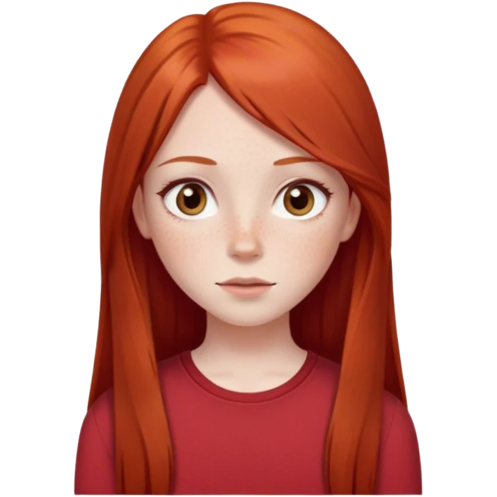 Girl with long straight red hair and dark brown almond eyes and freckles, pale skin, cute red top emoji